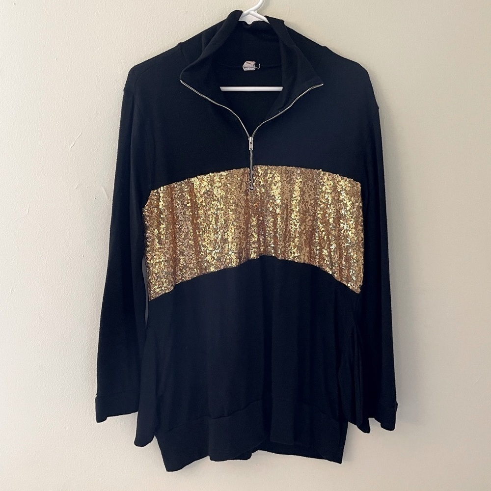 7th Ray Gold Sequin half zip pullover pockets soft black comfortable medium